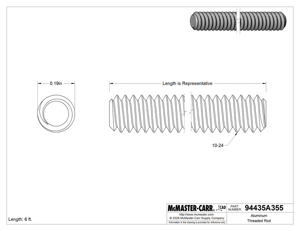Technical Drawing of Aluminum Threaded Rod, 10-24 Thread Size, 6 Feet Long.